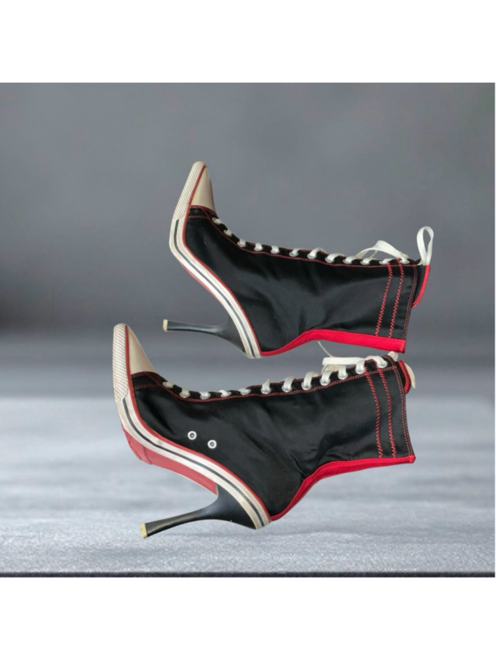 Anne Michelle NOWELL-02 Y2K Mid-Calf Lace-Up Stiletto Heel Boots Black Red Wm 8 - Picture 2 of 9